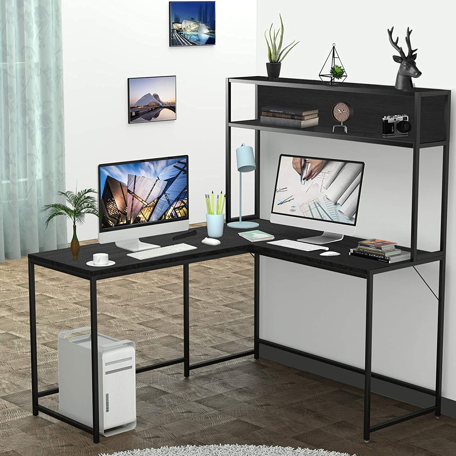 55 Inch Black L-Shape Corner W - Desk Setup No Monitor avaliação e preço